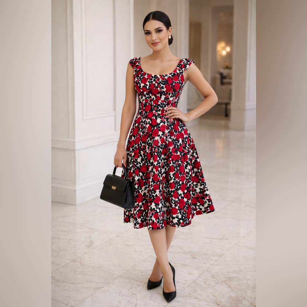 White House Black Market Red Floral Fit-and-Flare Dress with Scoop Neck